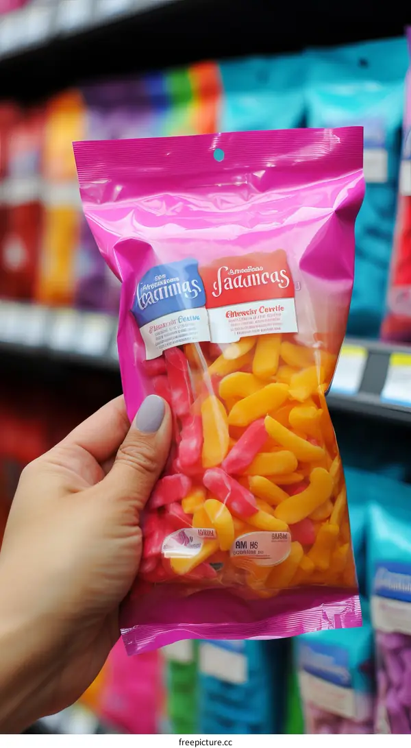 A hand holding a pink bag of assorted gummy worms