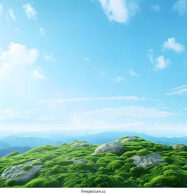 Green Grassy Meadow with Blue Sky and Clouds