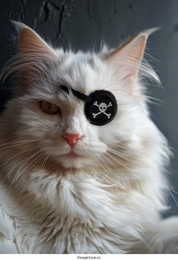 Portrait of a white cat wearing an eye patch with a skull and crossbones on it