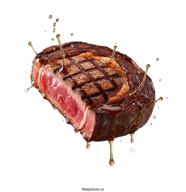 [Transparent Background PNG]Juicy grilled steak with savory sauce splashing around
