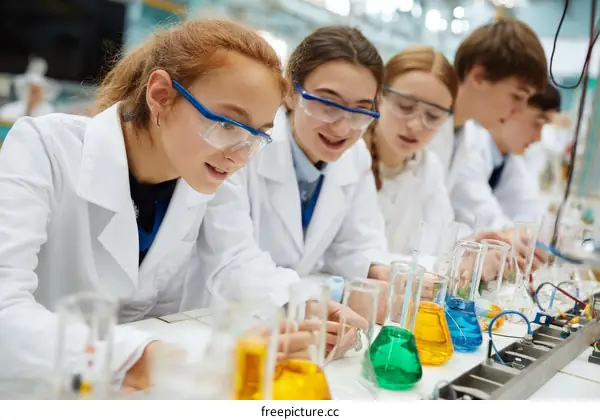Group of diverse students working in science laboratory
