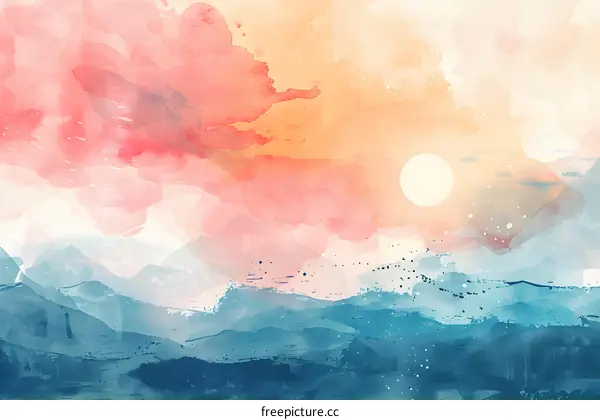 Blue and pink watercolor landscape painting