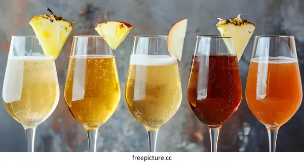 Five Glasses of Sparkling Wine with Fruit Garnish