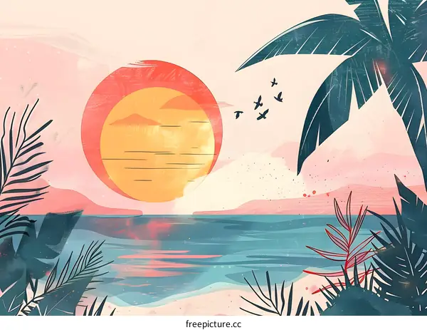 Tropical Sunset Illustration with Palm Trees and Ocean