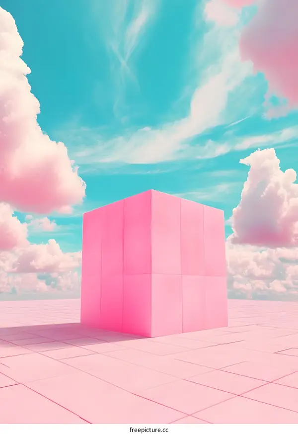 Pink Cube Sky and Clouds Abstract Minimalist Background