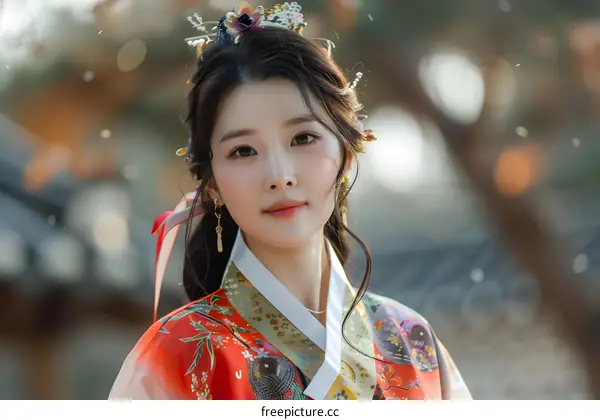 Portrait of a young woman in traditional Korean dress, or Hanbok