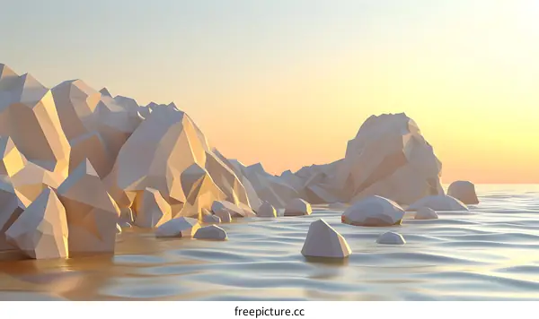 Low Poly White Mountains and Sunset Over Ocean