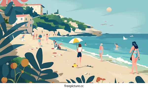 Summer Beach Illustration with People