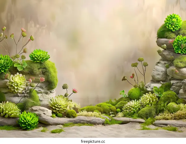 Green Mossy Stones with Succulent Plants