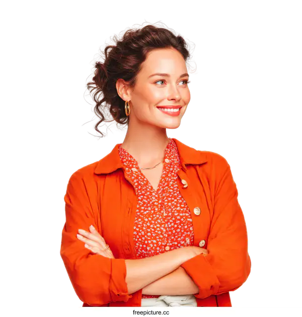 [Transparent Background PNG]Confident Woman in Vibrant Orange Outfit