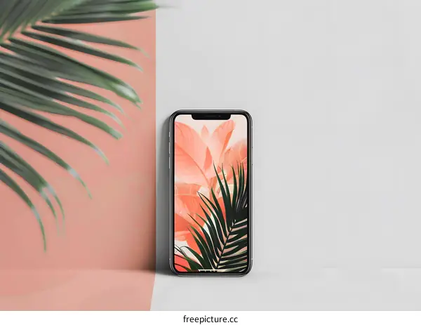 Minimalist Phone Mockup with Palm Leaf and Peach Background