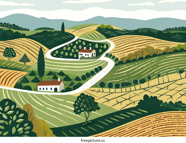 Rural Landscape with White Road Winding Through Fields
