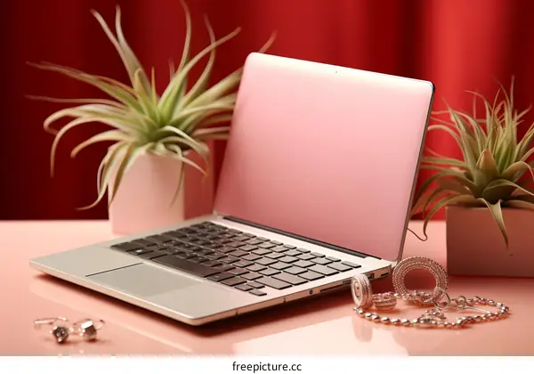 Pink Laptop with Plants and Jewelry