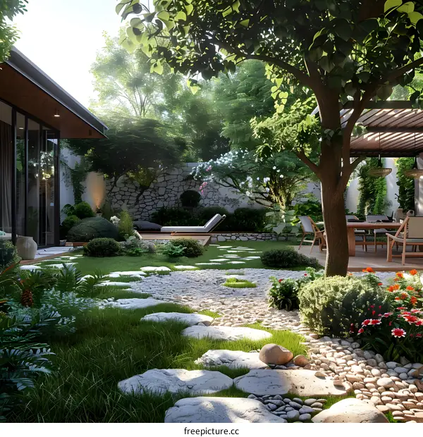 A beautiful garden with a stone path, trees, flowers and a wooden deck