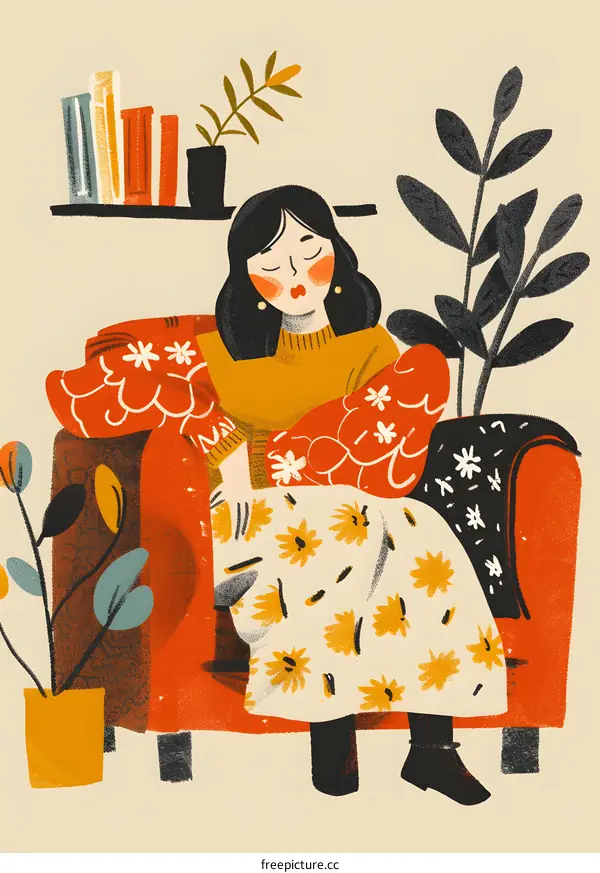 Woman Relaxing in a Cozy Armchair with Plants and Books