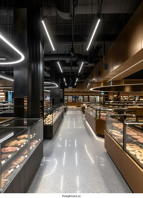 Modern Grocery Store Interior with Glass Display Cases of Food