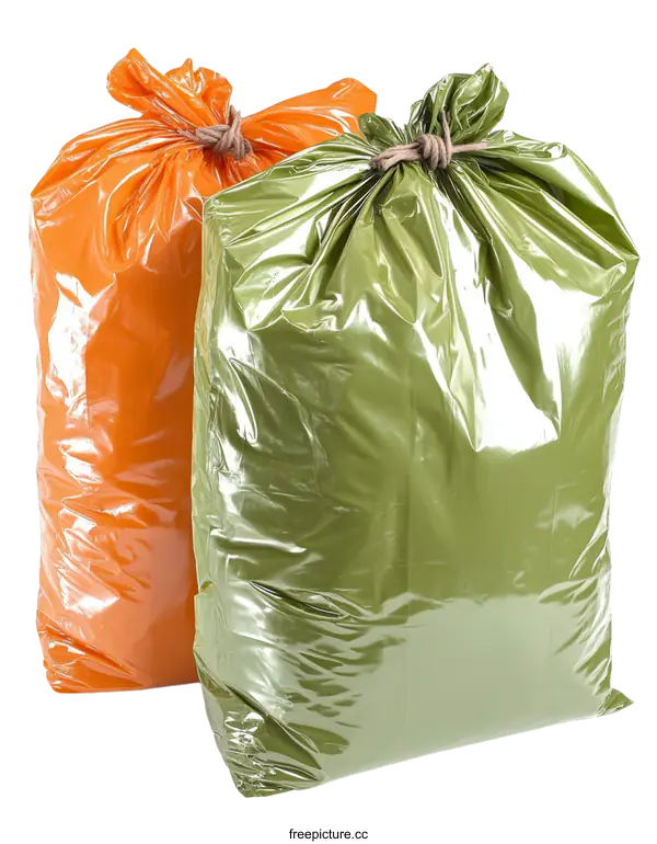 [Transparent Background PNG]Two Plastic Garbage Bags in Orange and Green Colors