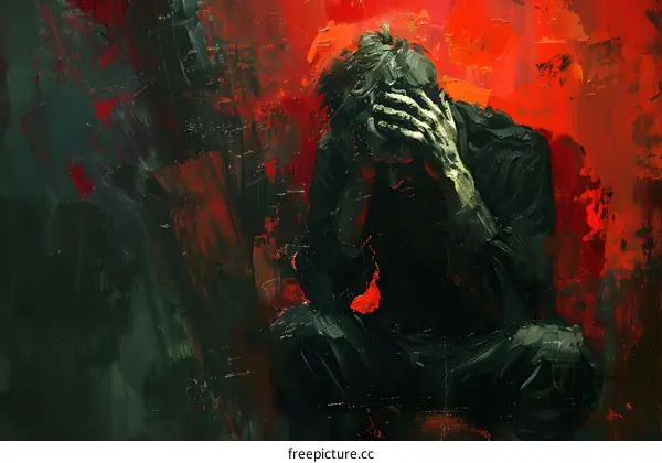 Abstract Painting of a Man Sitting with His Head in His Hands in Distress