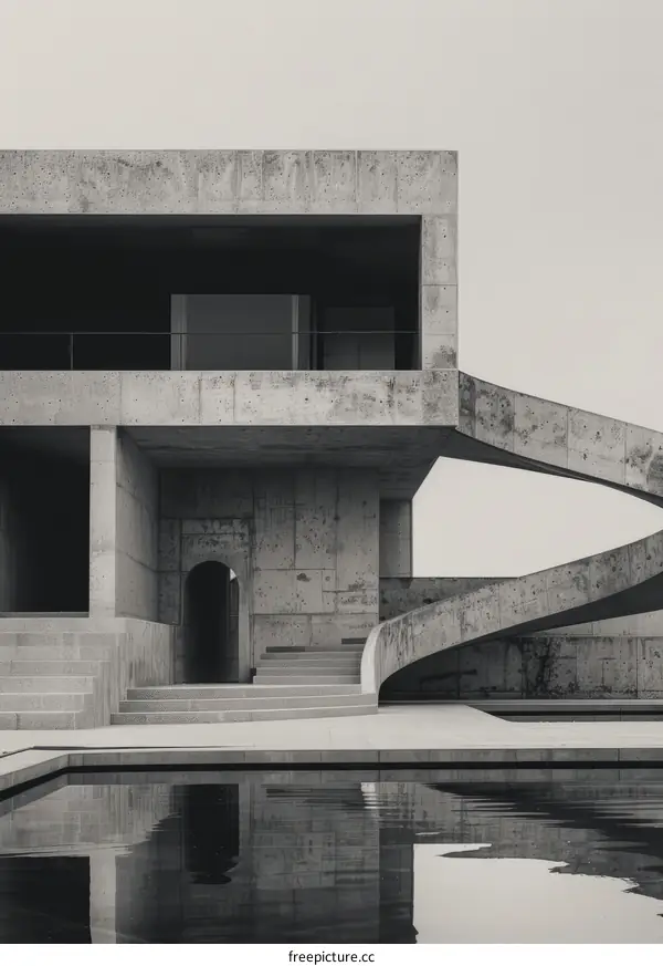 Black and white photo of a brutalist concrete house