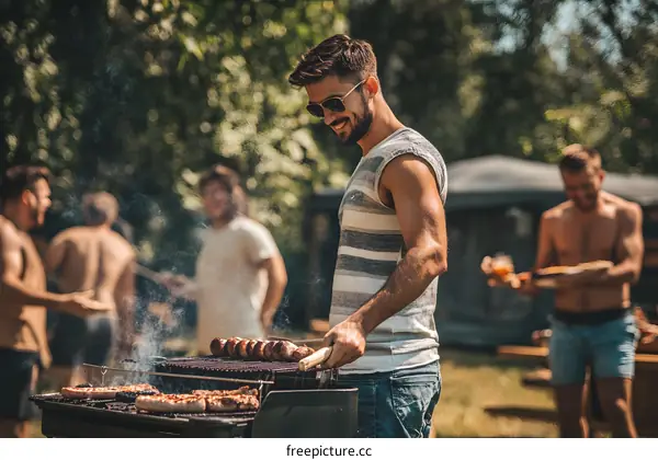 Man Grilling Food at a Summer Outdoor Party