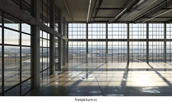 Large Empty Room With Panoramic Windows And Concrete Floor