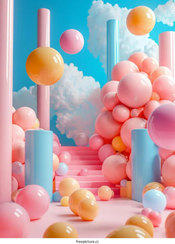 Pink and blue pastel color 3D rendering of a surreal dreamscape with floating pastel-colored spheres and staircases.
