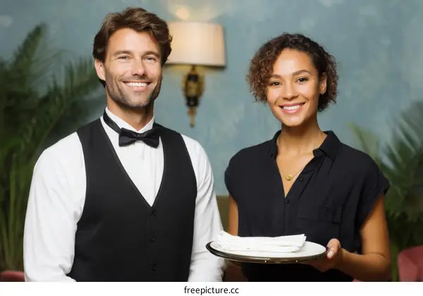 Two Waitstaff Standing in a Restaurant Setting Smiling