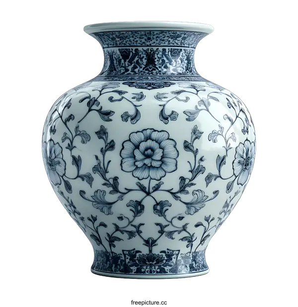 [Transparent Background PNG]Blue and White Porcelain Vase with Floral Design