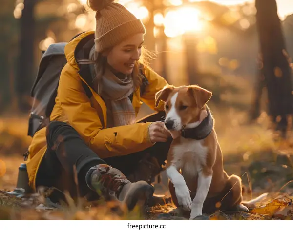 Young woman hiking with her dog in the woods