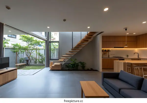 Modern Home Interior Design With Wooden Stairs and Backyard View