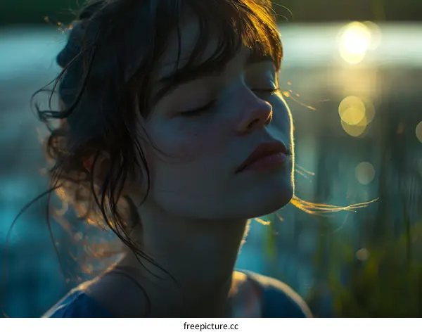 Portrait of a young woman with her eyes closed and the sun setting in the background