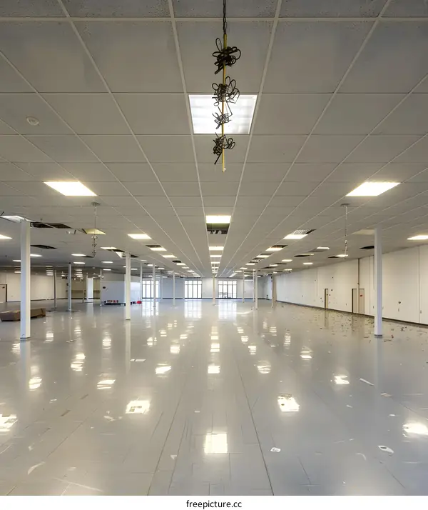 Empty Office Space with Grid Ceiling and Hanging Wires