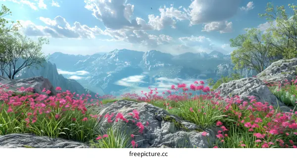 Mountain Peak with Pink Flowers