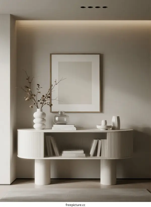 Minimalist White Console Table with Decorative Elements in Room