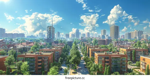 European city with brick apartment buildings and green trees