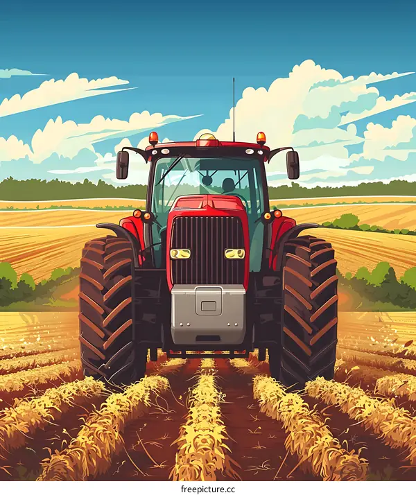 Red Tractor in a Field of Hay