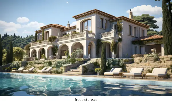 An illustration of a beautiful mansion with a pool
