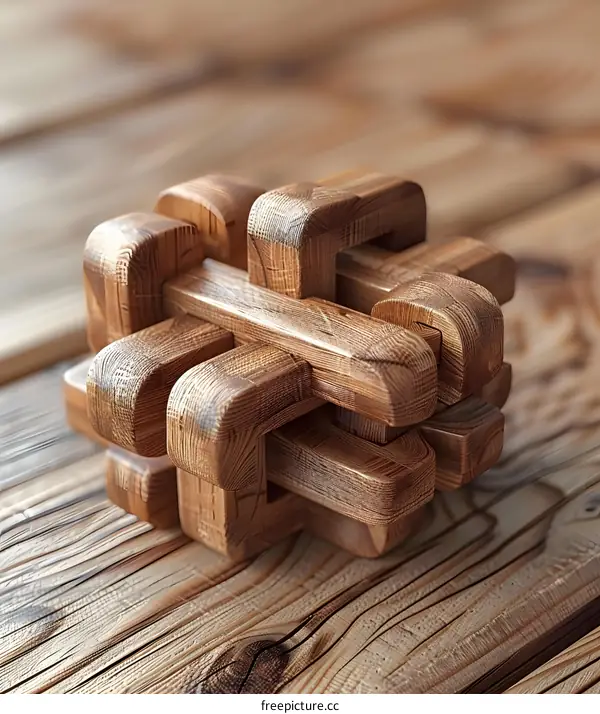 Wooden Interlocking Puzzle on Wooden Tabletop