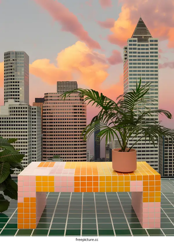 Modern Colorful Tile Bench with Palm Plant in a Cityscape Background