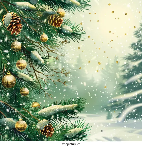 Christmas Holly Branches with Ornaments and Snowf