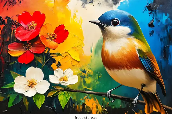 Colorful Bird and Flowers Painting