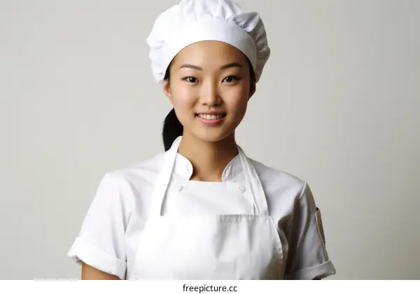 Portrait of a young Asian female chef in a white uniform smiling at the camera