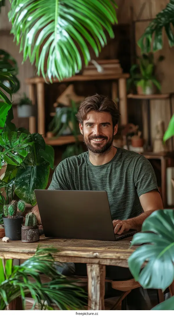 Man Working on Laptop Surrounded by Plants