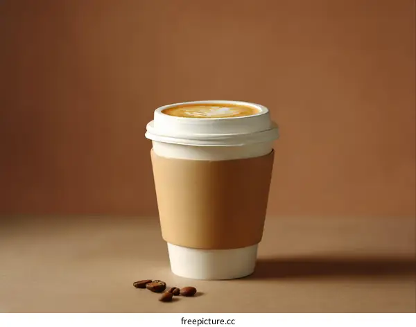 Paper Coffee Cup with Latte Art on a Beige Background