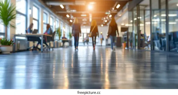 Blurred image of people walking in an office hallway