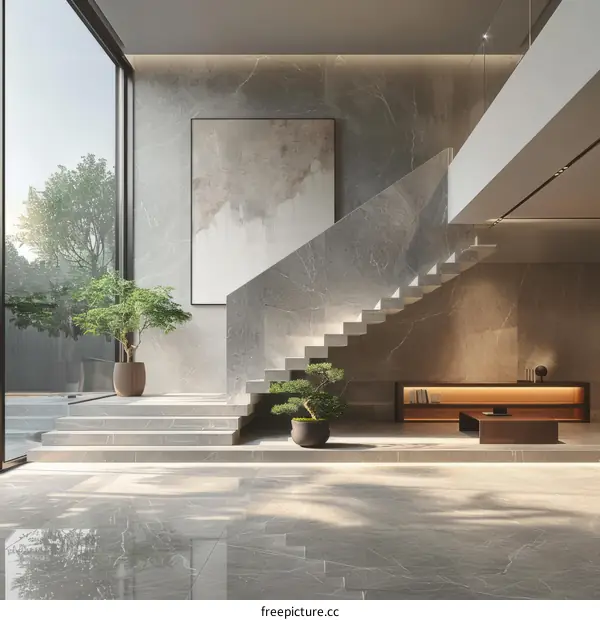 Staircase in a modern house with large windows and a marble floor