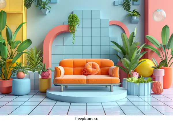 Colorful Interior Design with Plants and Furniture