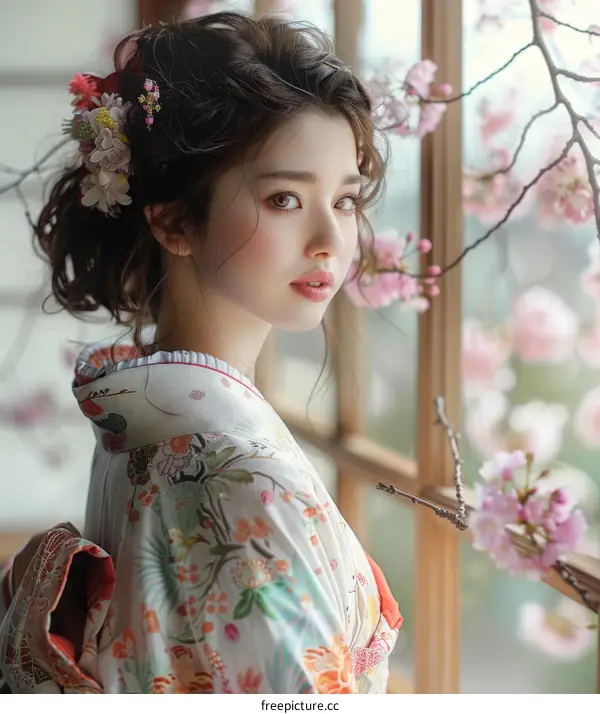 A beautiful Japanese woman wearing a kimono stands in front of a window.