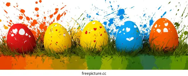 Colorful Easter Eggs in Grass with Paint Splats