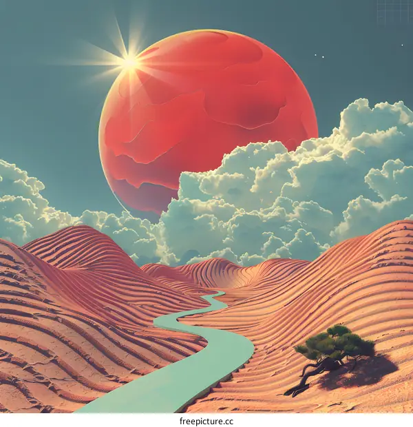 Abstract Landscape with a Large Red Planet and a Winding River